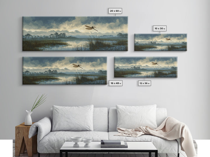 Dragonfly over a Pond with Reeds Framed Canvas Print, Nature Art, Wood Wall Art, Living Room Decor, Fine Art, Nature, NAT-3x1-58