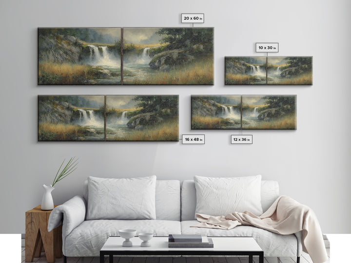 Waterfall Hidden Among Dark Green Rocks Framed Canvas Print, Nature Art, Wall Hangings, Living Room Decor, Abstract Art, Nature, NAT-3x1-67