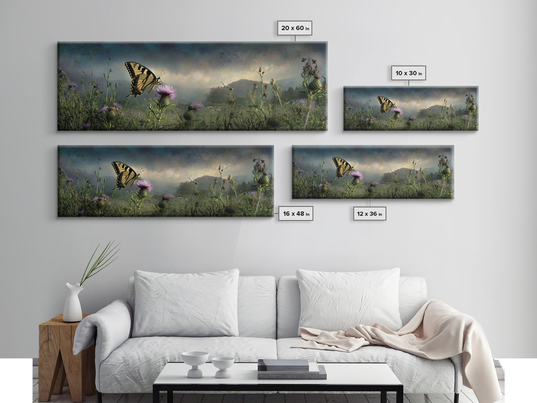 Butterfly Resting on a Blooming Thistle Framed Canvas Print, Nature Art, Living Room Decor, Watercolor Art, Nature, NAT-3x1-68
