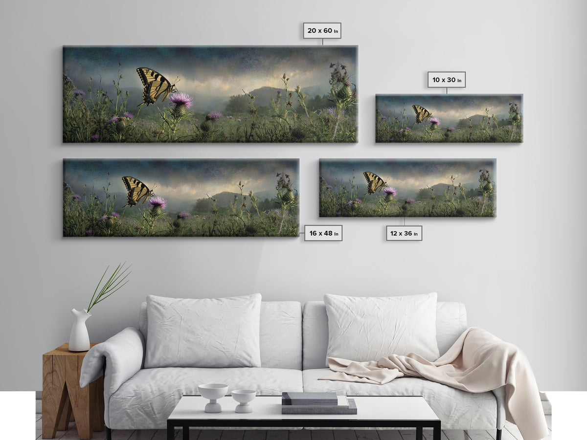 Butterfly Resting on a Blooming Thistle Framed Canvas Print, Nature Art, Living Room Decor, Watercolor Art, Nature, NAT-3x1-68
