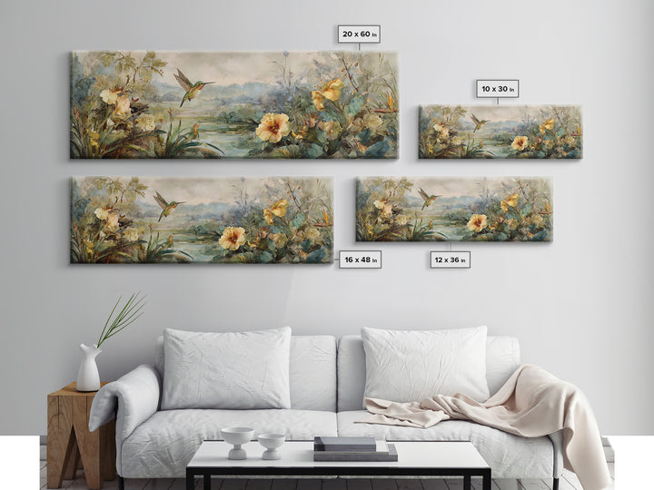 Hummingbird Beside Bright Trumpet Flowers Canvas Print, Nature Art, Home Decor, Living Room Decor, Oil Painting, Nature, NAT-3x1-76