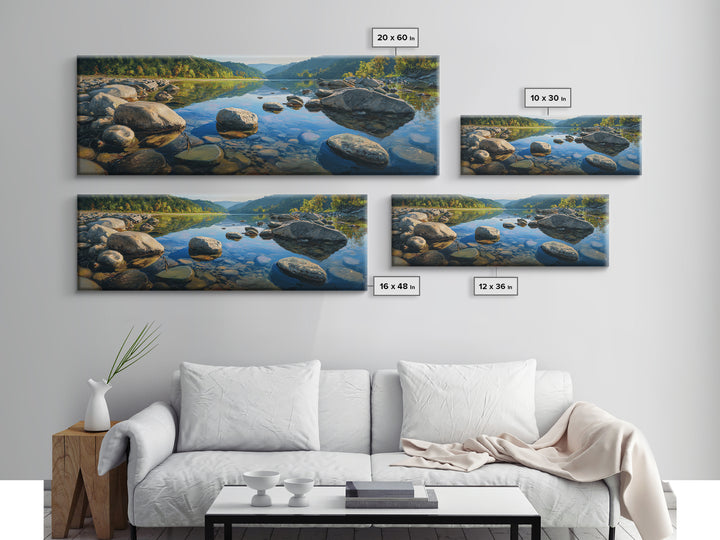 River Stones under Clear Shallow Water Framed Canvas Print, Nature Art, Stained Glass Art, Living Room Decor, Fine Art, Nature, NAT-3x1-77