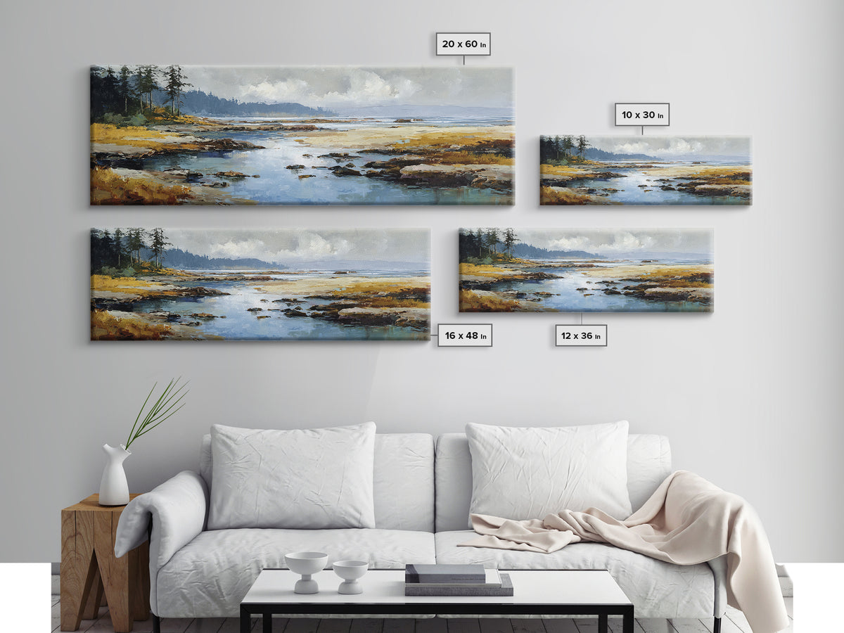 Calm Beach Tide Pooling Around Rocks Canvas Print, Nature Art, Minimalist Decor, Living Room Decor, Oil Painting, Nature, NAT-3x1-88