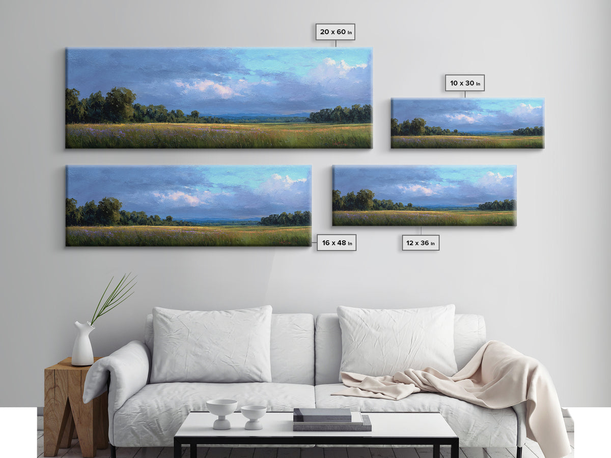 Wildflower Meadow under Soft Summer Sky Framed Canvas Print, Nature Art, Stained Glass Art, Living Room Decor, Fine Art, Nature, NAT-3x1-90