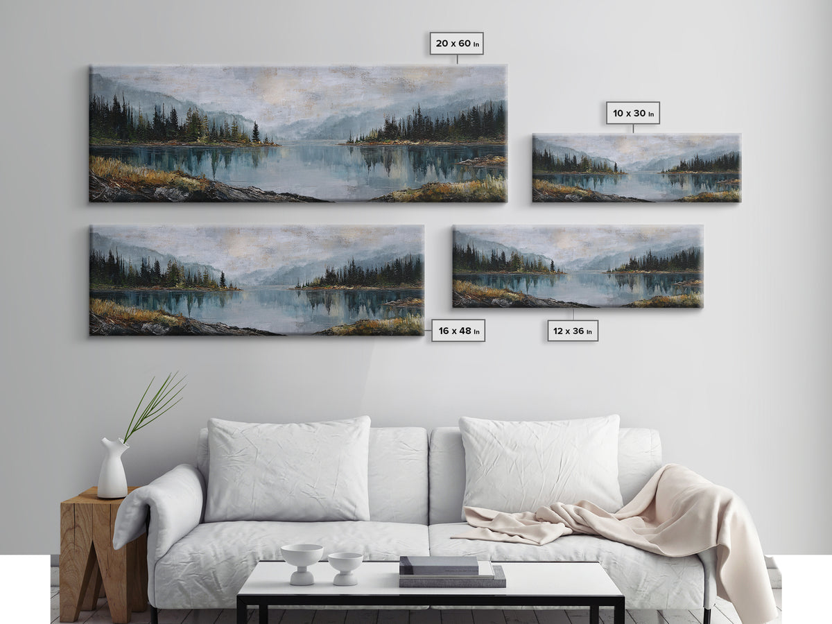 Misty Mountain Lake Canvas Print, Nature Art, Mountain Art, Living Room Decor, Oil Painting, Nature, Minimalist Decor, NAT-3x1-93