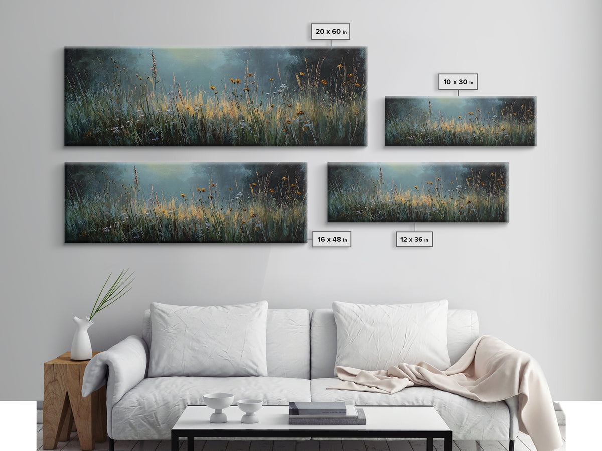 Sunrise Through Tall Grass and Wildflowers Framed Canvas Print, Nature Art, Living Room Decor, Oil Painting, Nature, NAT-3x1-99