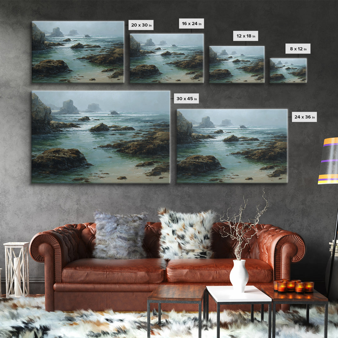 Calm Beach Tide Pooling Around Rocks Framed Canvas Print, Nature Art, Fine Art Print, Living Room Decor, Oil Painting, Nature, NAT-3x2-100