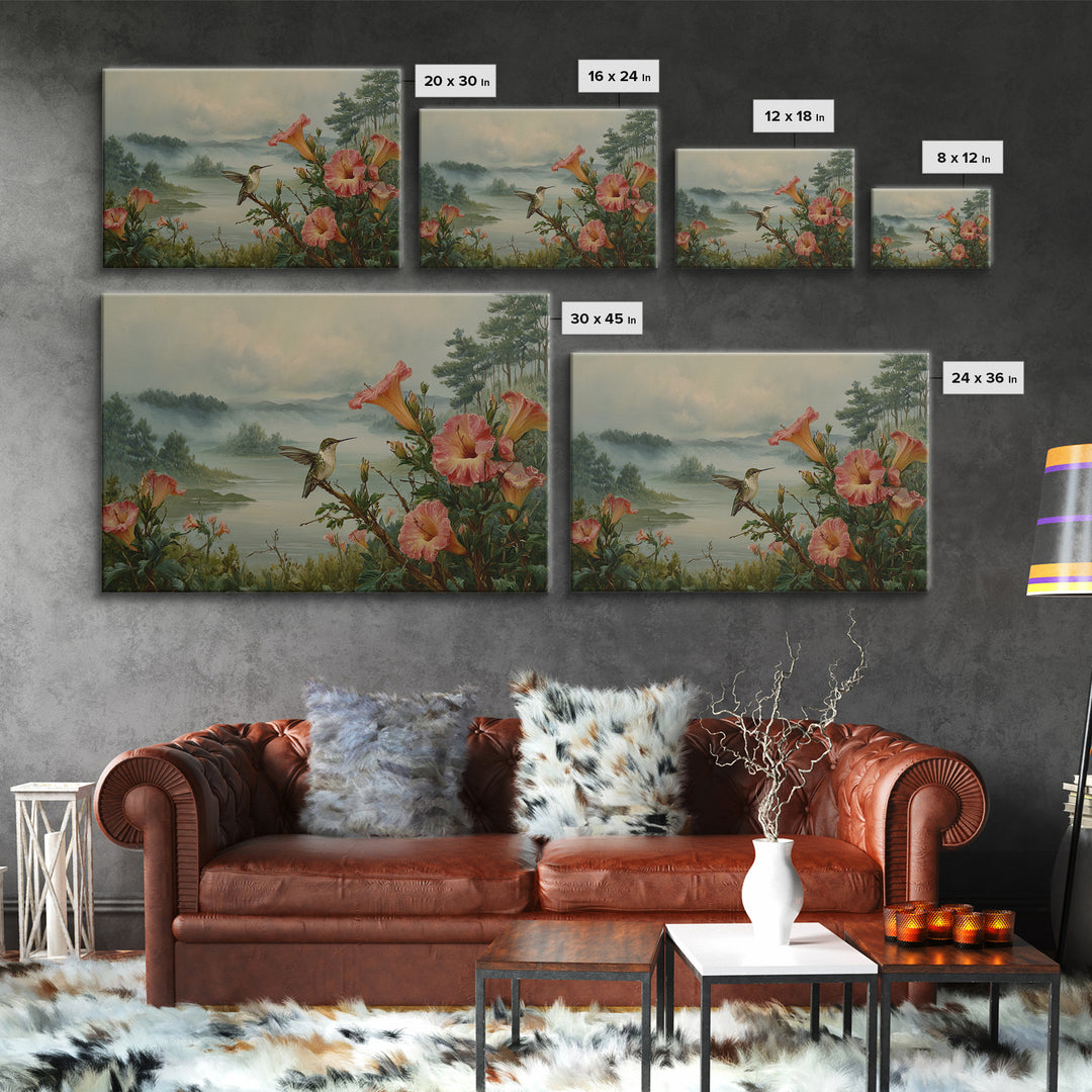Hummingbird Beside Bright Trumpet Flowers Canvas Print, Nature Art, Living Room Decor, Watercolor Art, Nature, Ocean Art, NAT-3x2-16