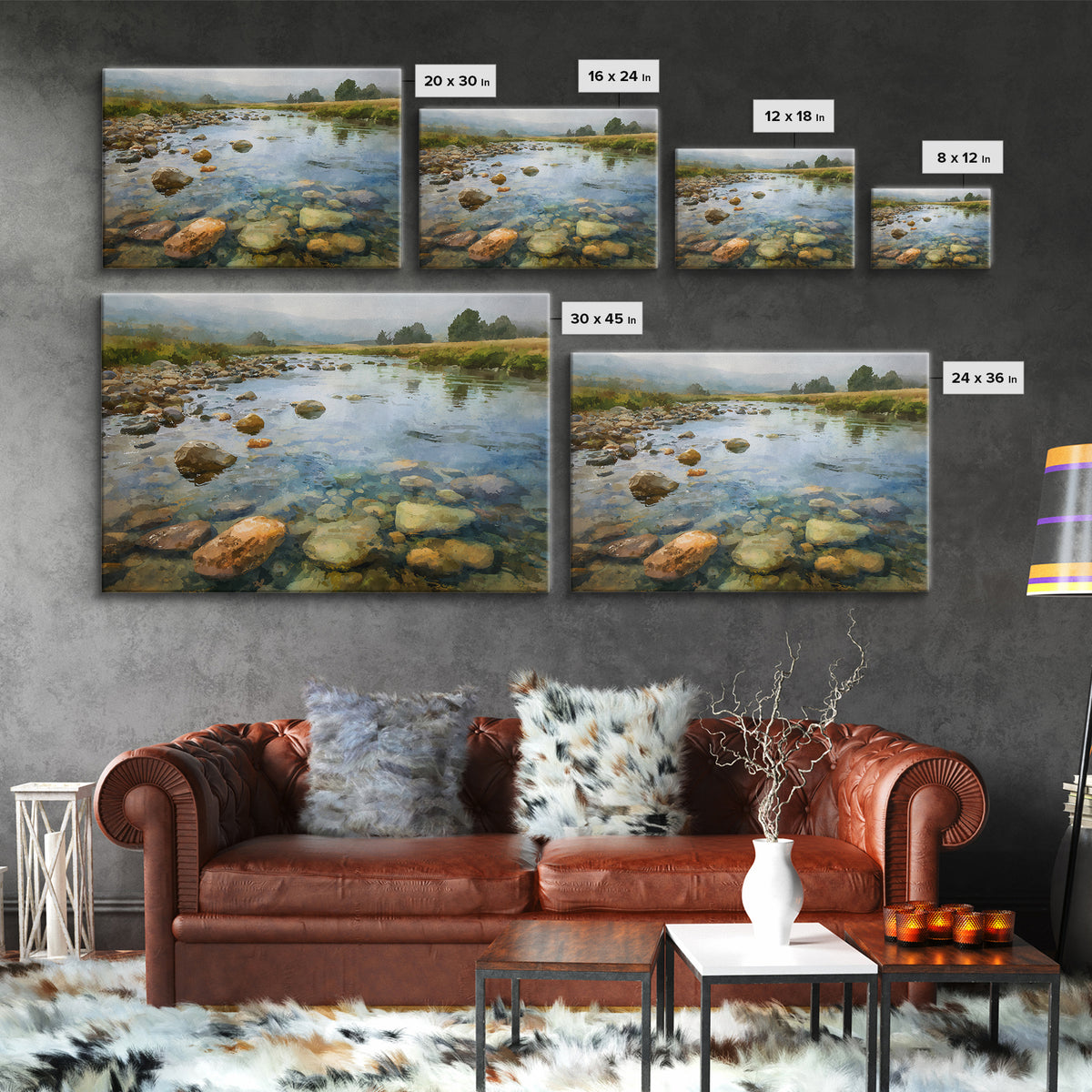 River Stones under Clear Shallow Water Canvas Print, Nature Art, Watercolor Painting, Living Room Decor, Fine Art, Nature, NAT-3x2-17