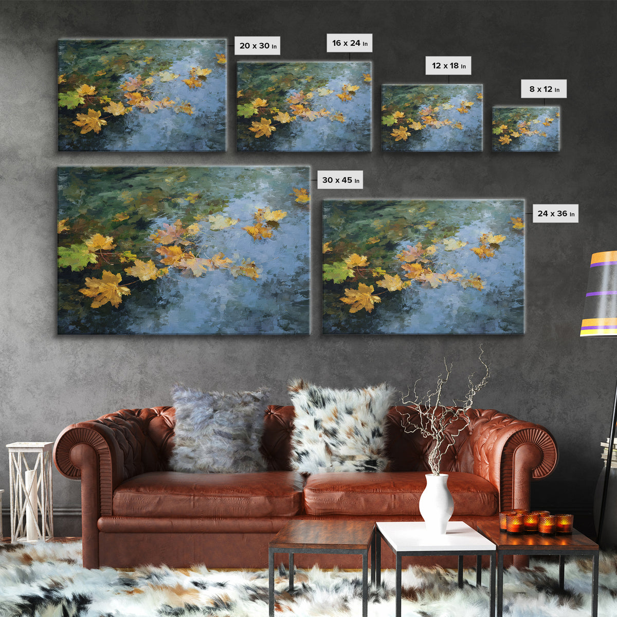 Autumn Leaves Floating on Quiet Stream Canvas Print, Nature Art, Modern Wall Art, Living Room Decor, Watercolor Art, Nature, NAT-3x2-34