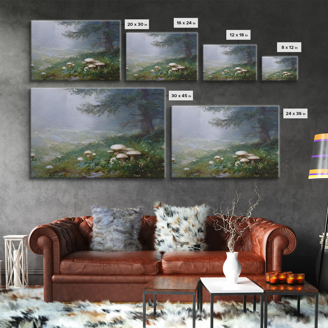 Mushroom Cluster in Enchanted Woodland Framed Canvas Print, Nature Art, Bird Wall Art, Living Room Decor, Fine Art, Nature, NAT-3x2-35