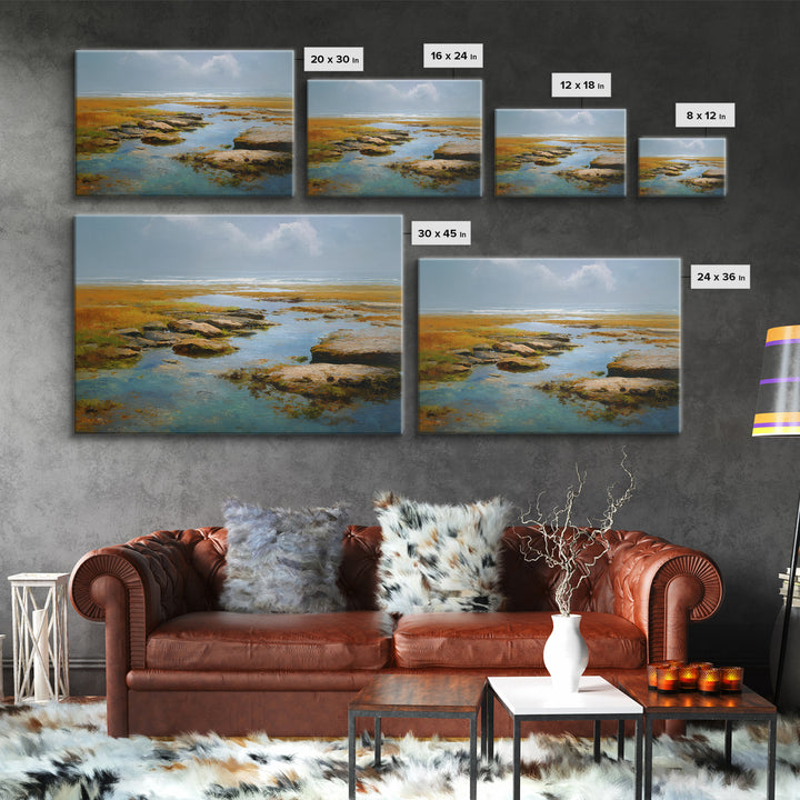 Calm Beach Tide Pooling Around Rocks Canvas Print, Nature Art, Living Room Decor, Oil Painting, Nature, Modern Wall Art, NAT-3x2-4