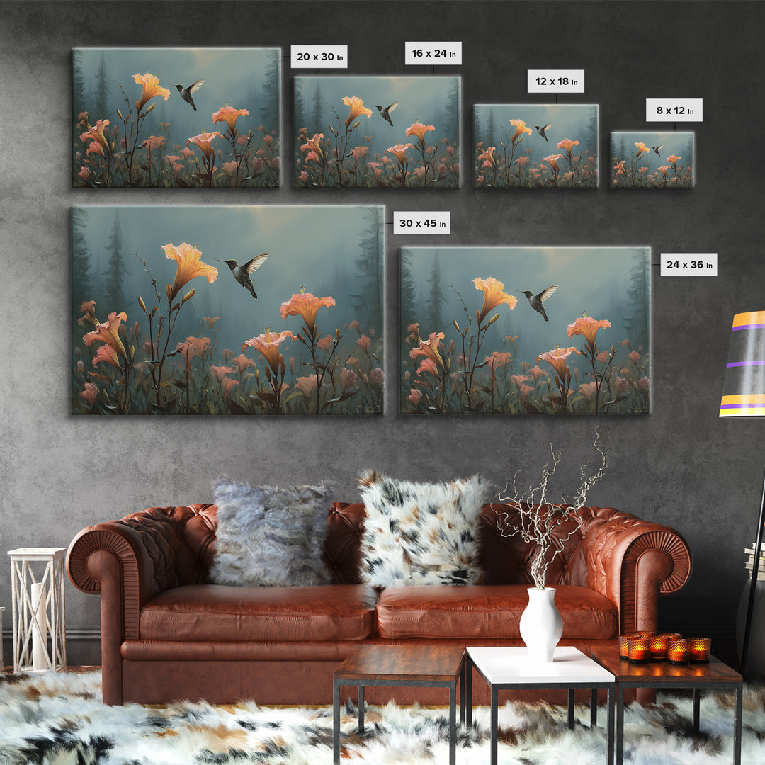 Hummingbird Beside Bright Trumpet Flowers Canvas Print, Nature Art, Living Room Wall Art, Living Room Decor, Nature, NAT-3x2-40