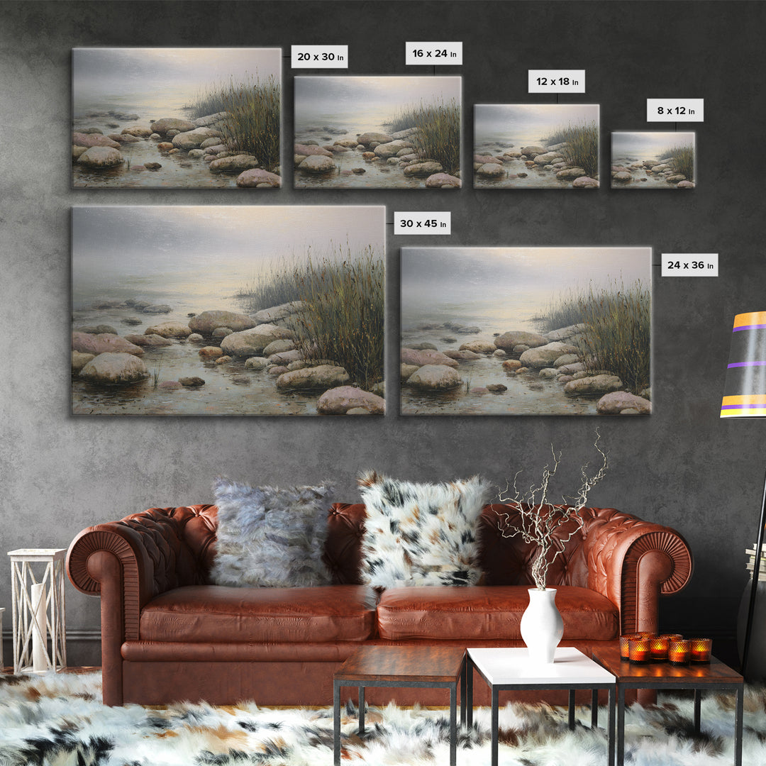 River Stones under Clear Shallow Water Framed Canvas Print, Nature Art, Moss Art, Living Room Decor, Watercolor Art, Nature, NAT-3x2-41