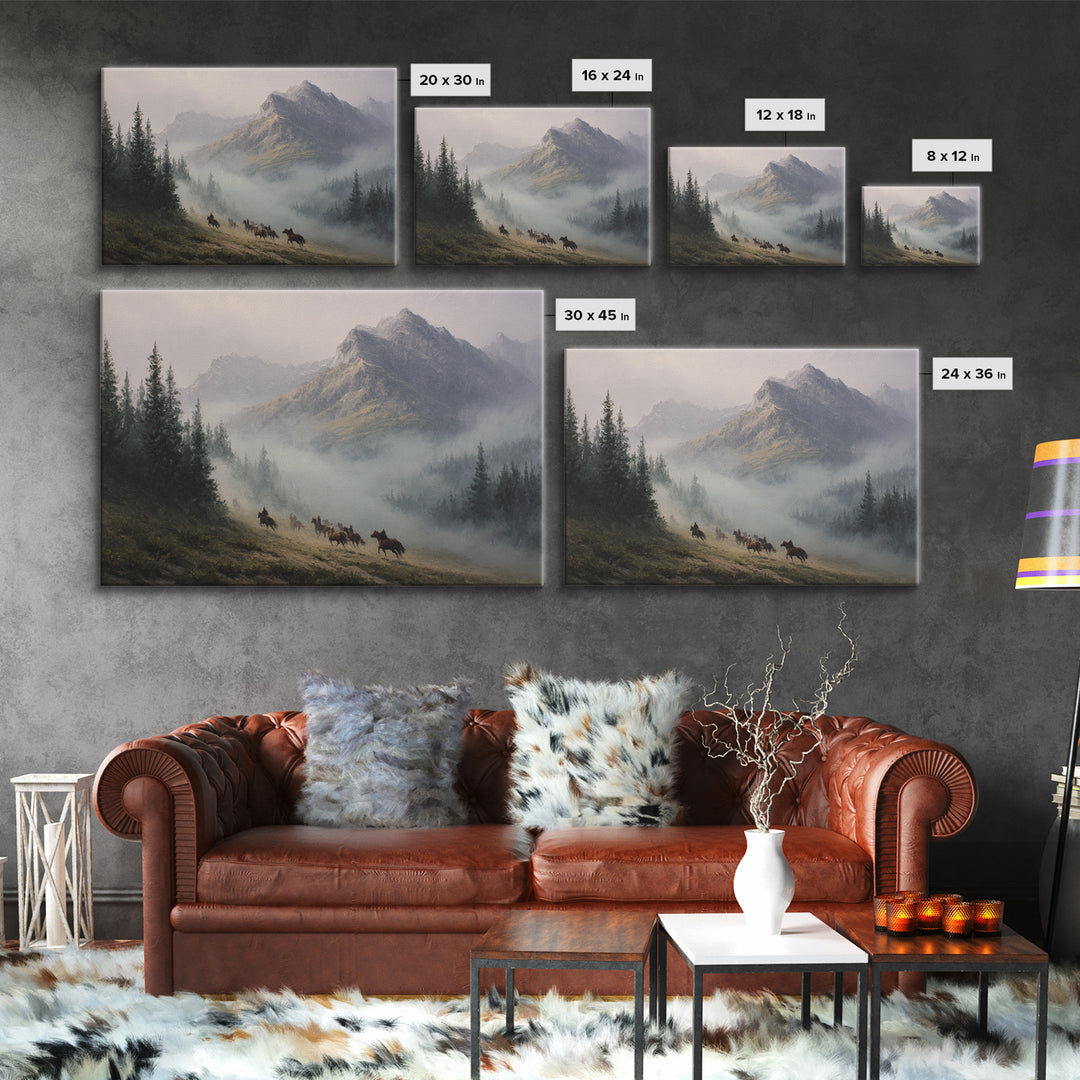 Wild Horses Running Near Mountain Ridge Framed Canvas Print, Nature Art, 3d Wall Art, Living Room Decor, Fine Art, Nature, NAT-3x2-50