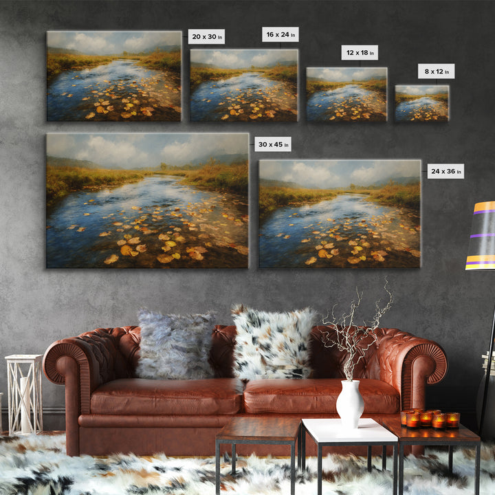 Autumn Leaves Floating on Quiet Stream Canvas Print, Nature Art, Modern Wall Art, Living Room Decor, Watercolor Art, Nature, NAT-3x2-58