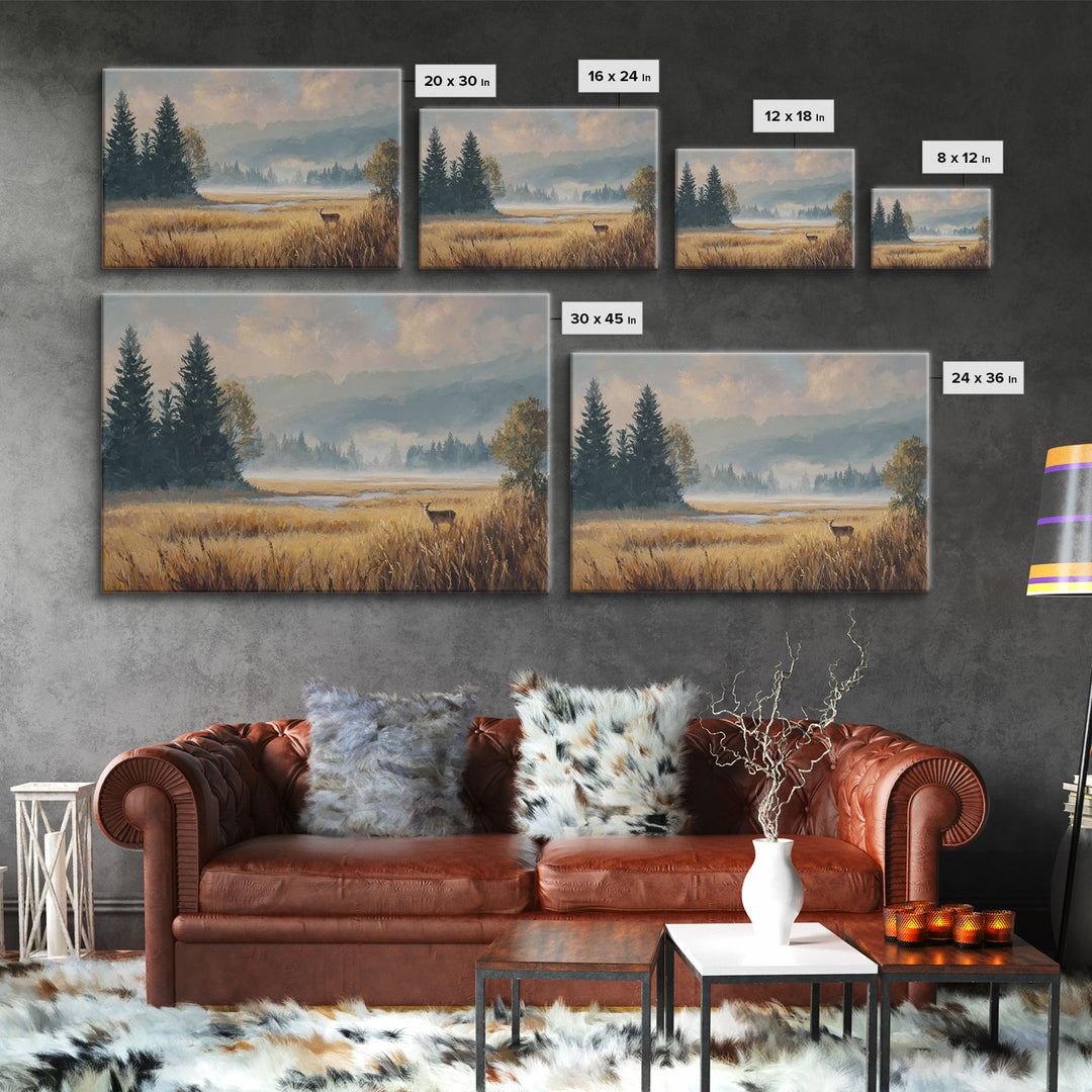 Deer Standing in a Golden Field Framed Canvas Print, Nature Art, Mountain Art, Living Room Decor, Nature, Minimalist Decor, NAT-3x2-60