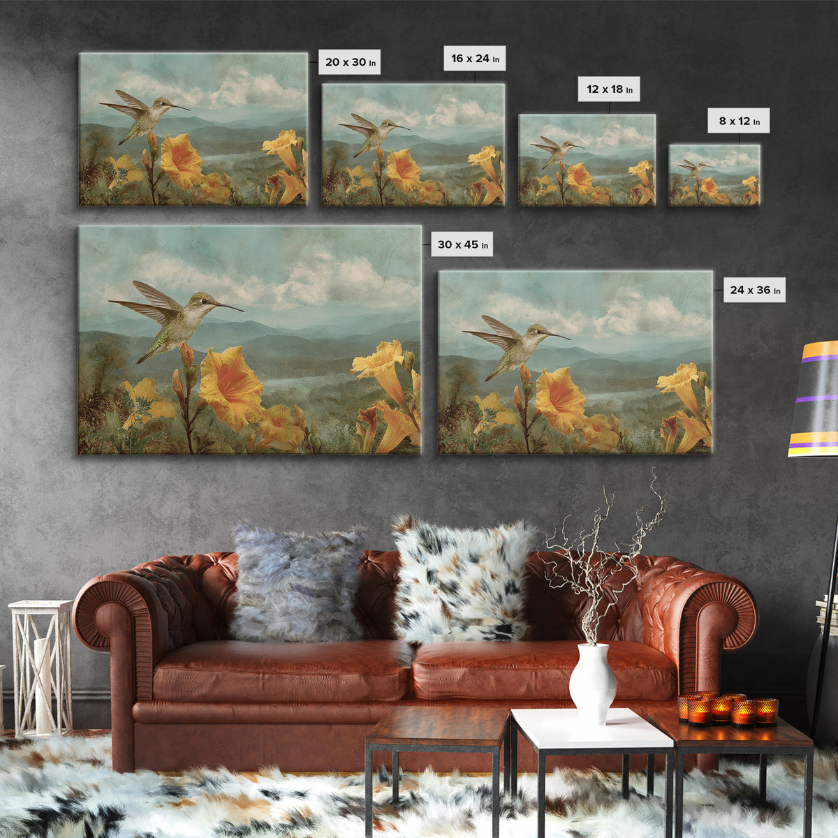 Hummingbird Beside Bright Trumpet Flowers Framed Canvas Print, Nature Art, Gallery Decor, Living Room Decor, Fine Art, Nature, NAT-3x2-64