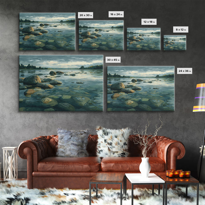 River Stones under Clear Shallow Water Framed Canvas Print, Nature Art, Moss Art, Living Room Decor, Watercolor Art, Nature, NAT-3x2-65