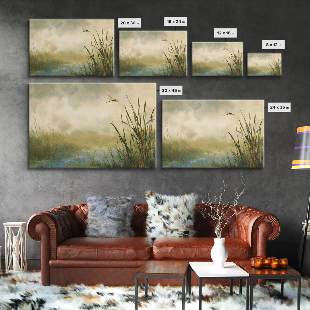 Dragonfly over a Pond with Reeds Framed Canvas Print, Nature Art, Abstract Wall Art, Living Room Decor, Fine Art, Nature, NAT-3x2-70