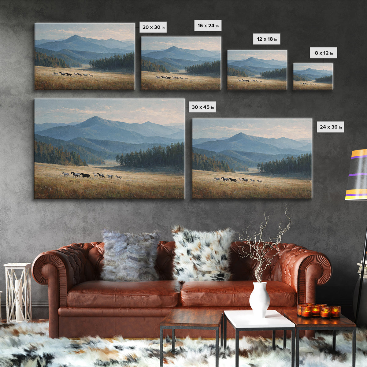 Wild Horses Running Near Mountain Ridge Framed Canvas Print, Nature Art, 3d Wall Art, Living Room Decor, Fine Art, Nature, NAT-3x2-74