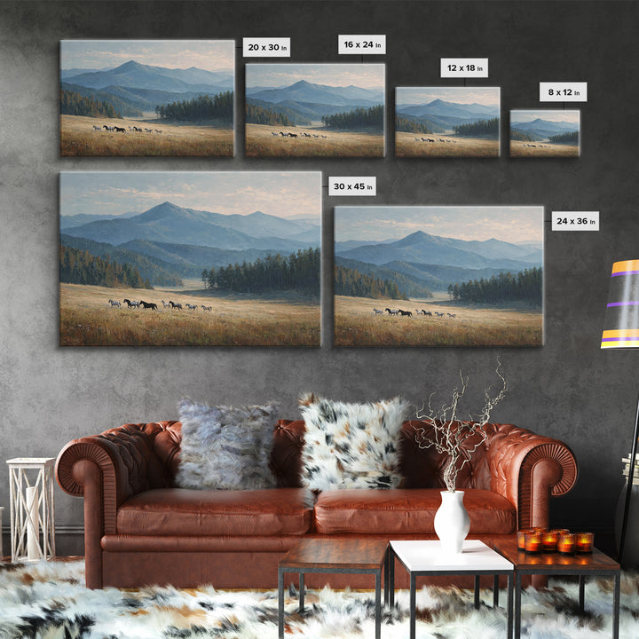 Wild Horses Running Near Mountain Ridge Framed Canvas Print, Nature Art, 3d Wall Art, Living Room Decor, Fine Art, Nature, NAT-3x2-74