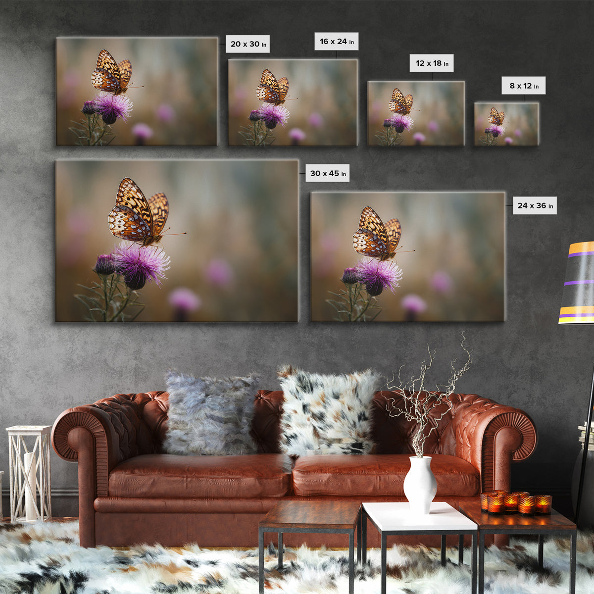 Butterfly Resting on a Blooming Thistle Framed Canvas Print, Nature Art, Framed Art, Living Room Decor, Oil Painting, Nature, NAT-3x2-8