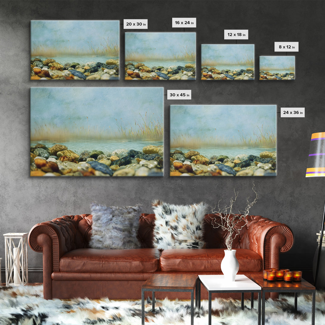 River Stones under Clear Shallow Water Canvas Print, Nature Art, Nature Wall Art, Living Room Decor, Oil Painting, Nature, NAT-3x2-89