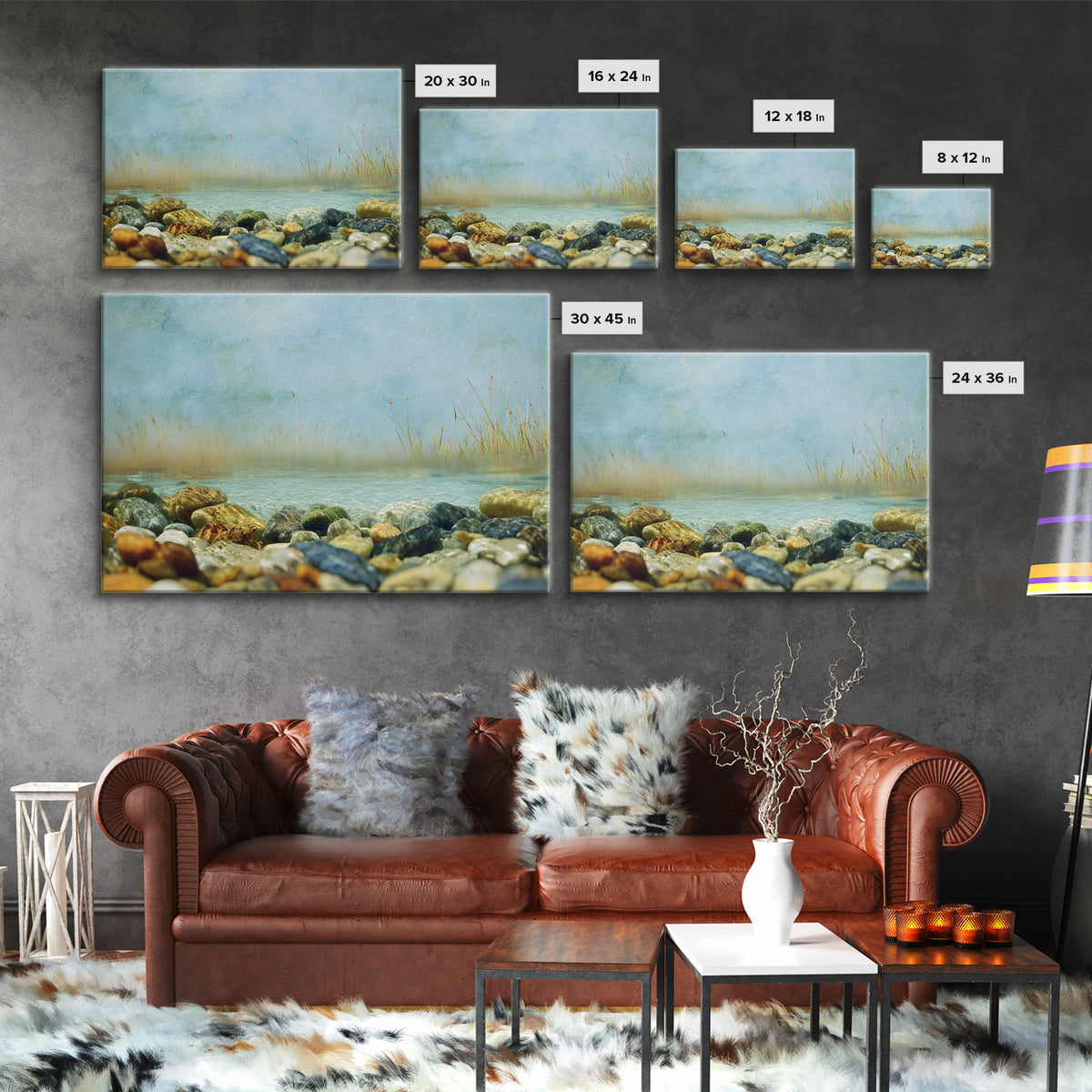 River Stones under Clear Shallow Water Canvas Print, Nature Art, Nature Wall Art, Living Room Decor, Oil Painting, Nature, NAT-3x2-89