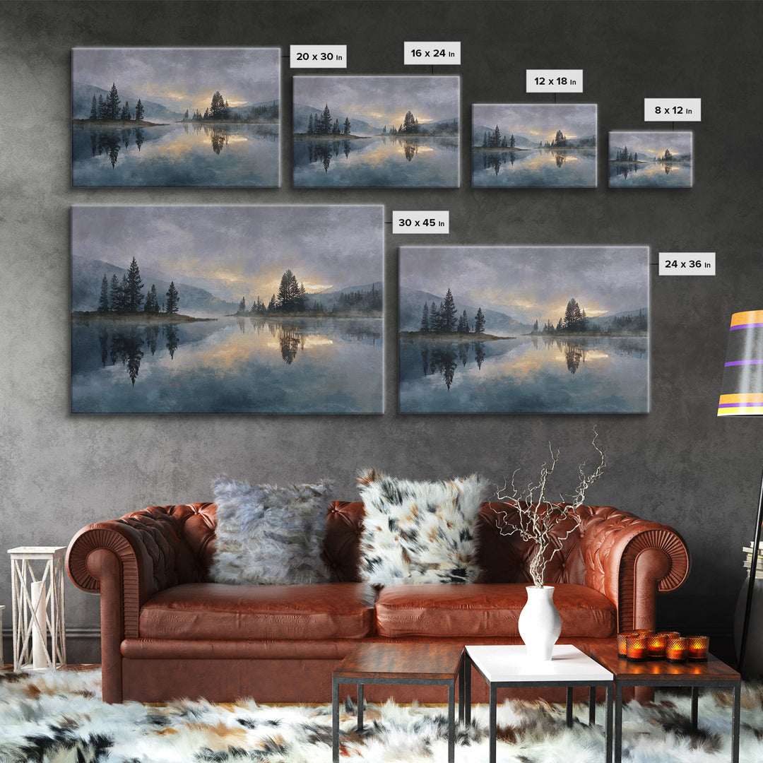 Misty Mountain Lake Framed Canvas Print, Nature Art, Abstract Wall Art, Living Room Decor, Oil Painting, Nature, Bird Wall Art, NAT-3x2-9