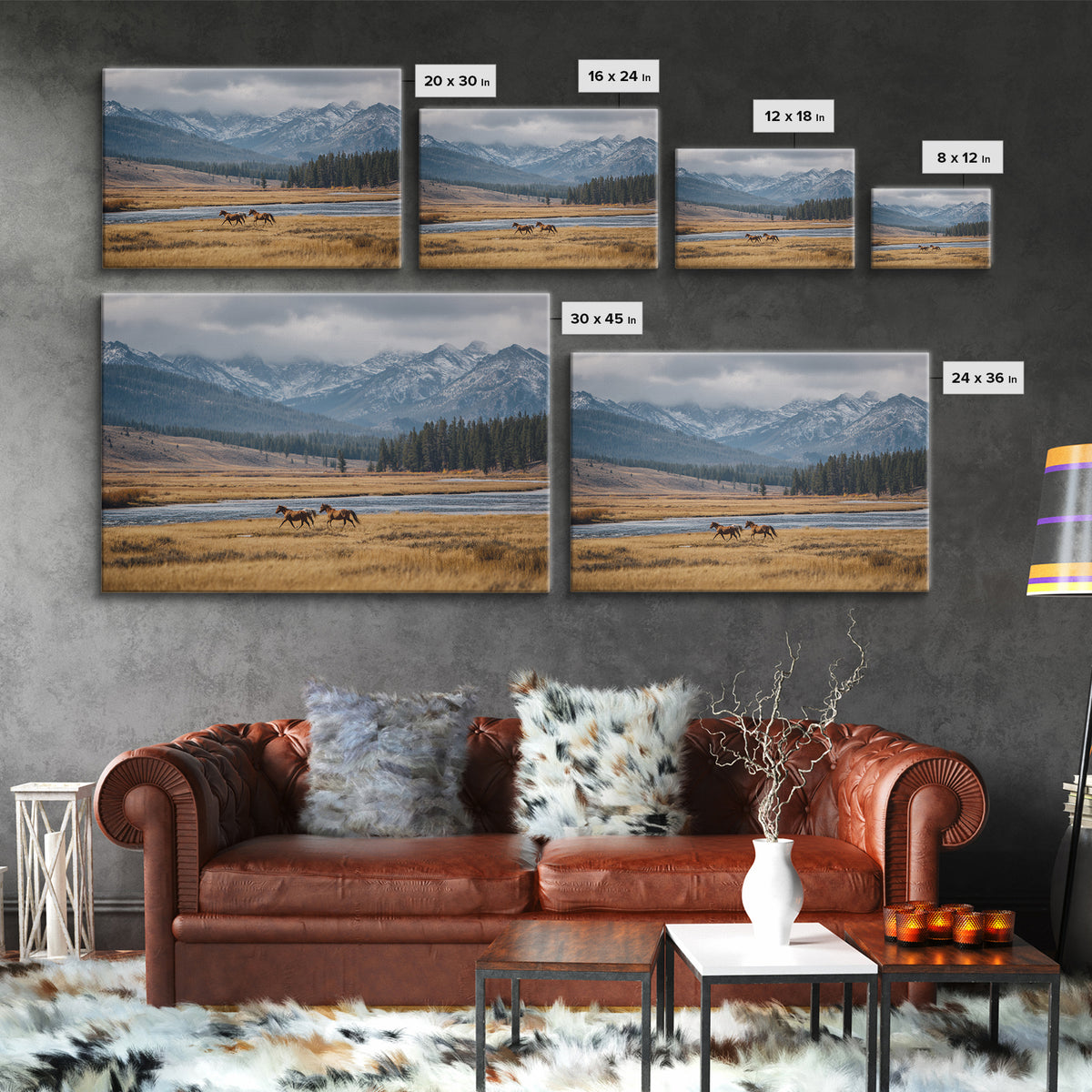 Wild Horses Running Near Mountain Ridge Canvas Print, Nature Art, Mountain Wall Art, Living Room Decor, Oil Painting, Nature, NAT-3x2-98