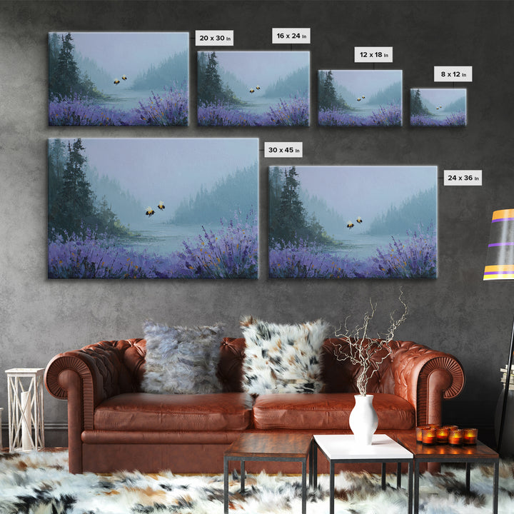 Bees Circling Lavender Blossoms Framed Canvas Print, Nature Art, Minimalist Decor, Living Room Decor, Fine Art, Nature, NAT-3x2-99