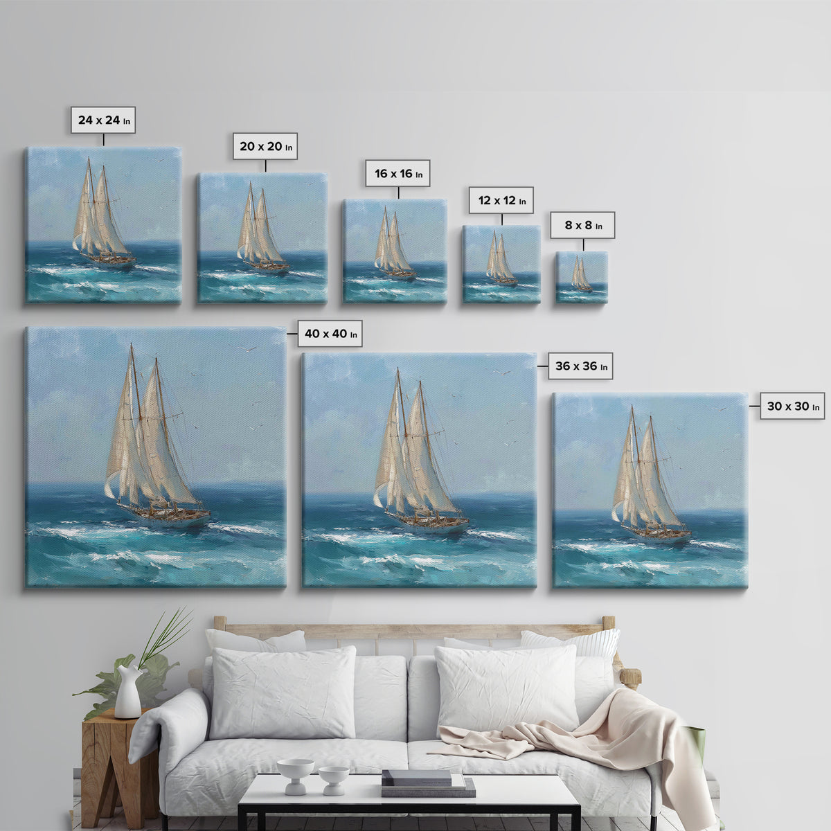 Sailboat Leaning into Wind on Blue Water Framed Canvas Print, Nautical Art, Modern Decor, Coastal Decor, Fine Art, Harbor, NAU-1x1-1