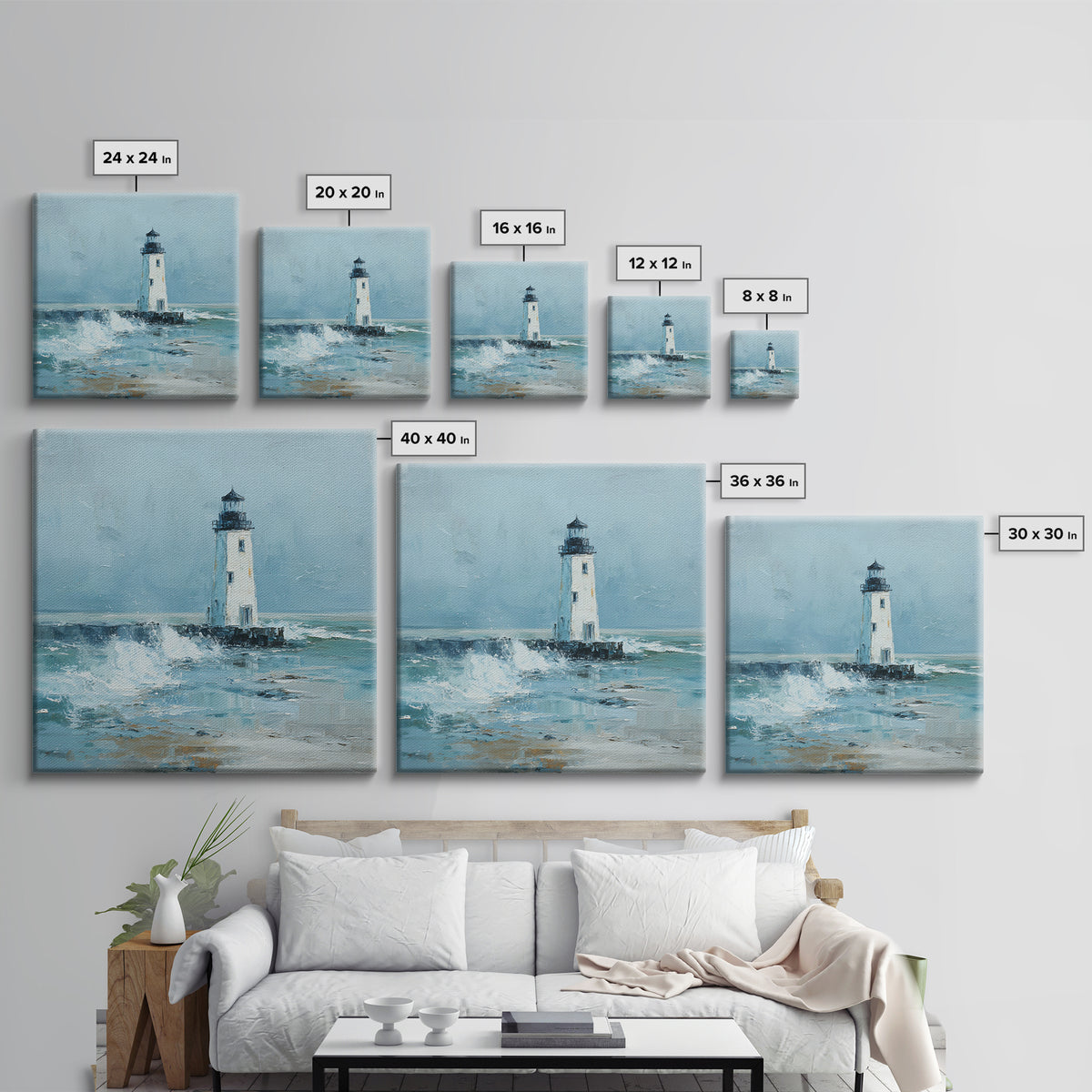Lighthouse Standing Against Stormy Waves Canvas Print, Nautical Art, Large Wall Art, Coastal Decor, Abstract Art, Harbor, NAU-1x1-3