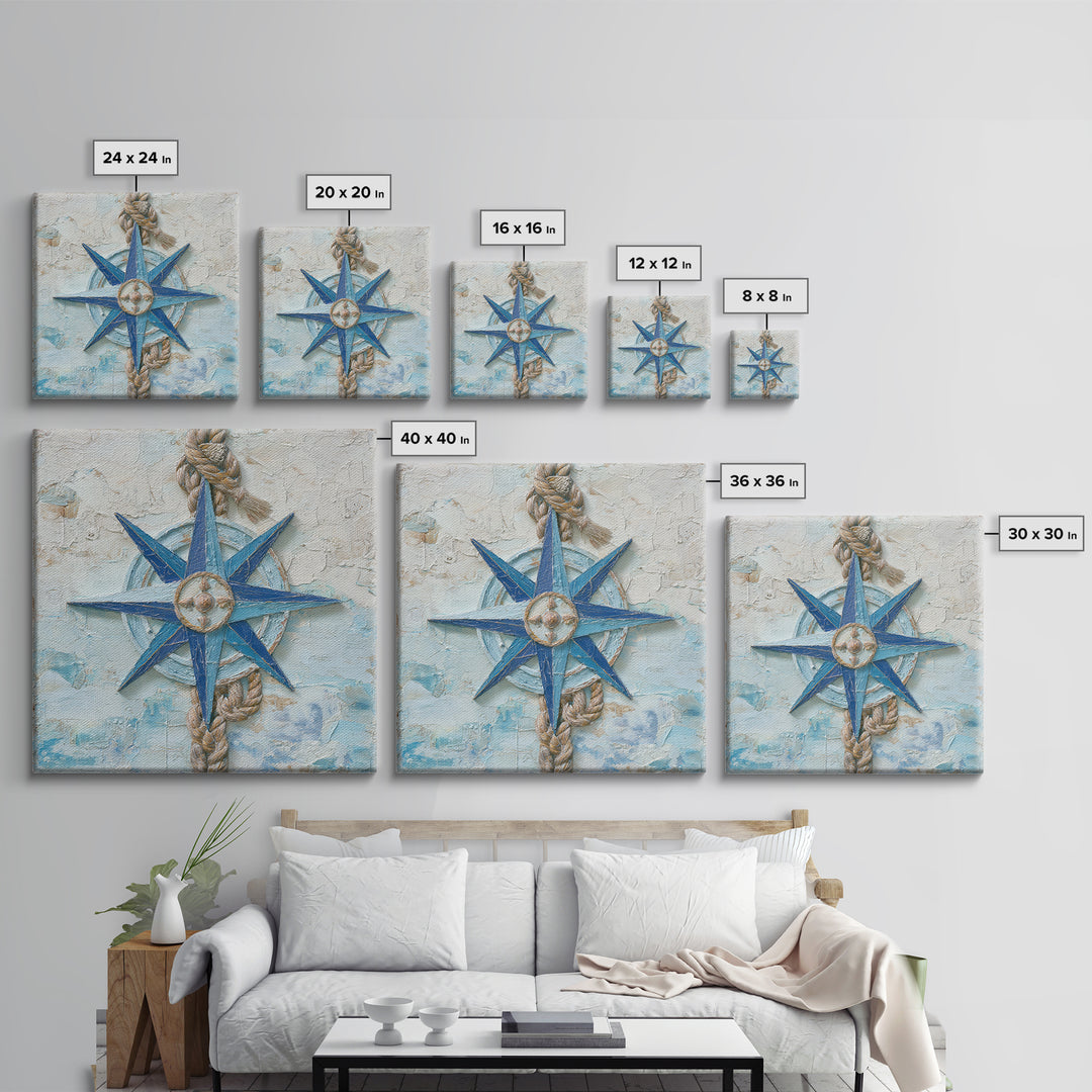Nautical Star Compass Rose Framed Canvas Print, Nautical Art, Gallery Decor, Coastal Decor, Fine Art, Harbor, Wall Art, NAU-1x1-38