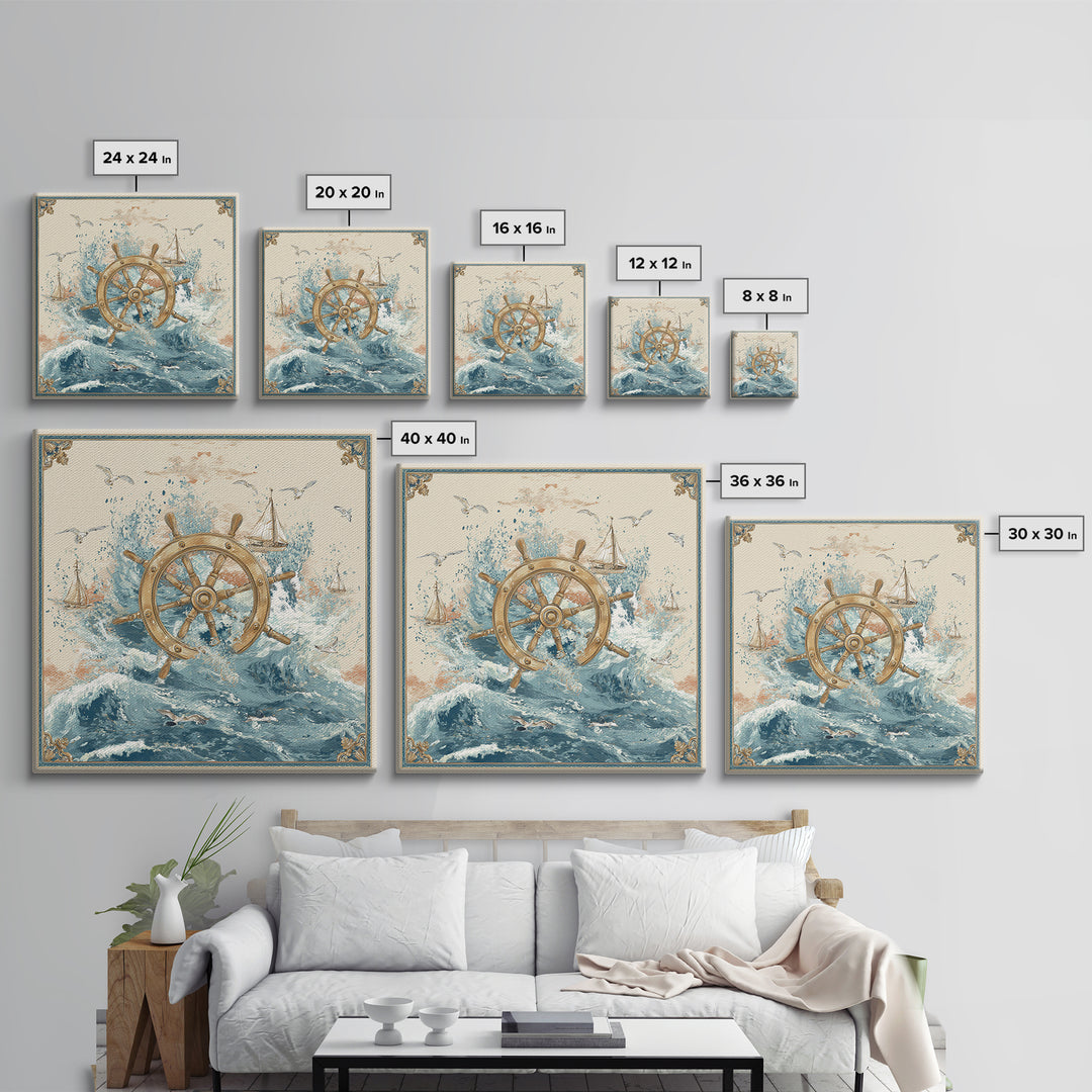 Ship Wheel with Sea Spray Background Framed Canvas Print, Nautical Art, Nautical, Coastal Decor, Fine Art, Harbor, Modern Decor, NAU-1x1-39