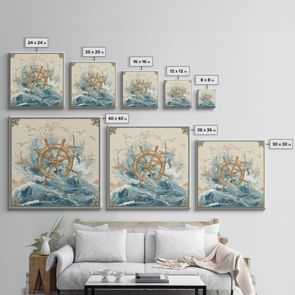 Ship Wheel with Sea Spray Background Framed Canvas Print, Nautical Art, Nautical, Coastal Decor, Fine Art, Harbor, Modern Decor, NAU-1x1-39