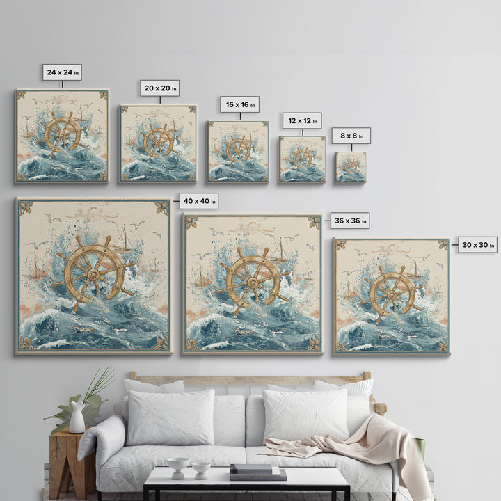 Ship Wheel with Sea Spray Background Framed Canvas Print, Nautical Art, Nautical, Coastal Decor, Fine Art, Harbor, Modern Decor, NAU-1x1-39