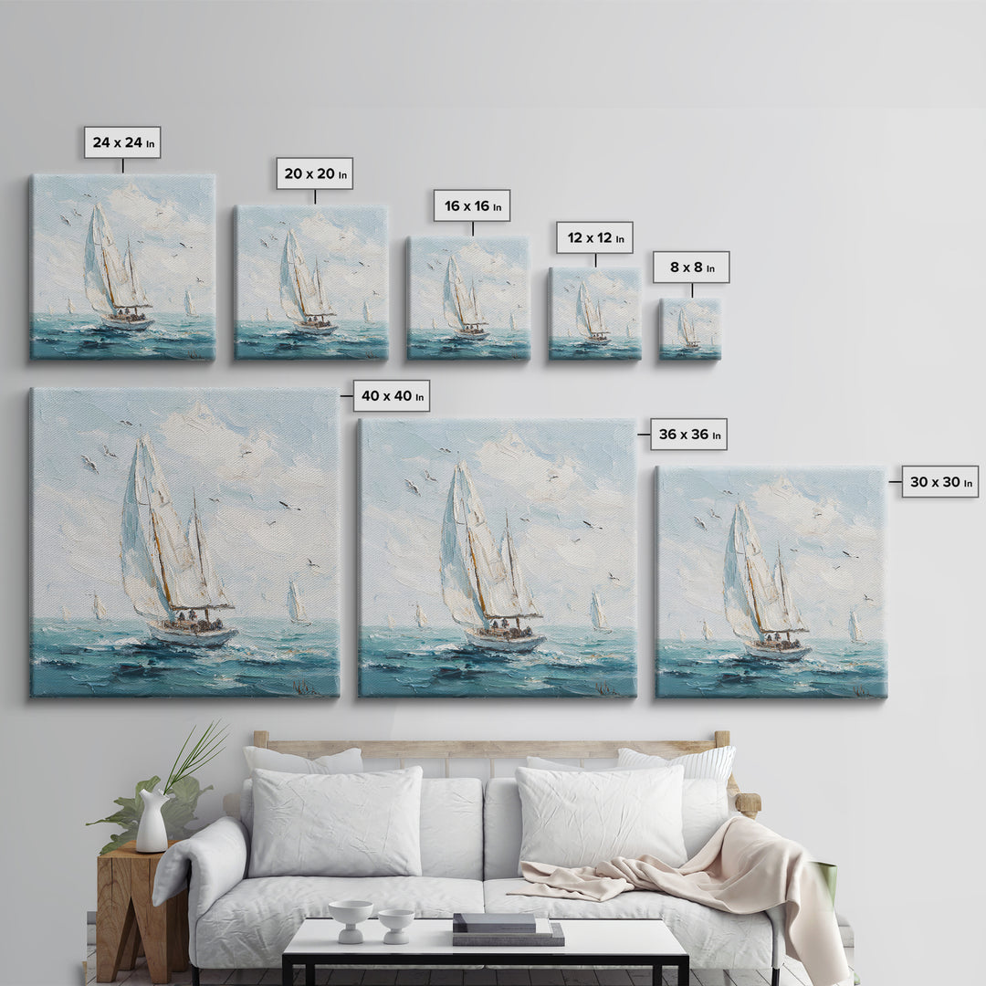 Classic Yacht Racing Through Whitecaps Framed Canvas Print, Nautical Art, Coastal Decor, Oil Painting, Harbor, Fine Art Print, NAU-1x1-43