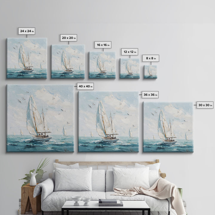 Classic Yacht Racing Through Whitecaps Framed Canvas Print, Nautical Art, Coastal Decor, Oil Painting, Harbor, Fine Art Print, NAU-1x1-43
