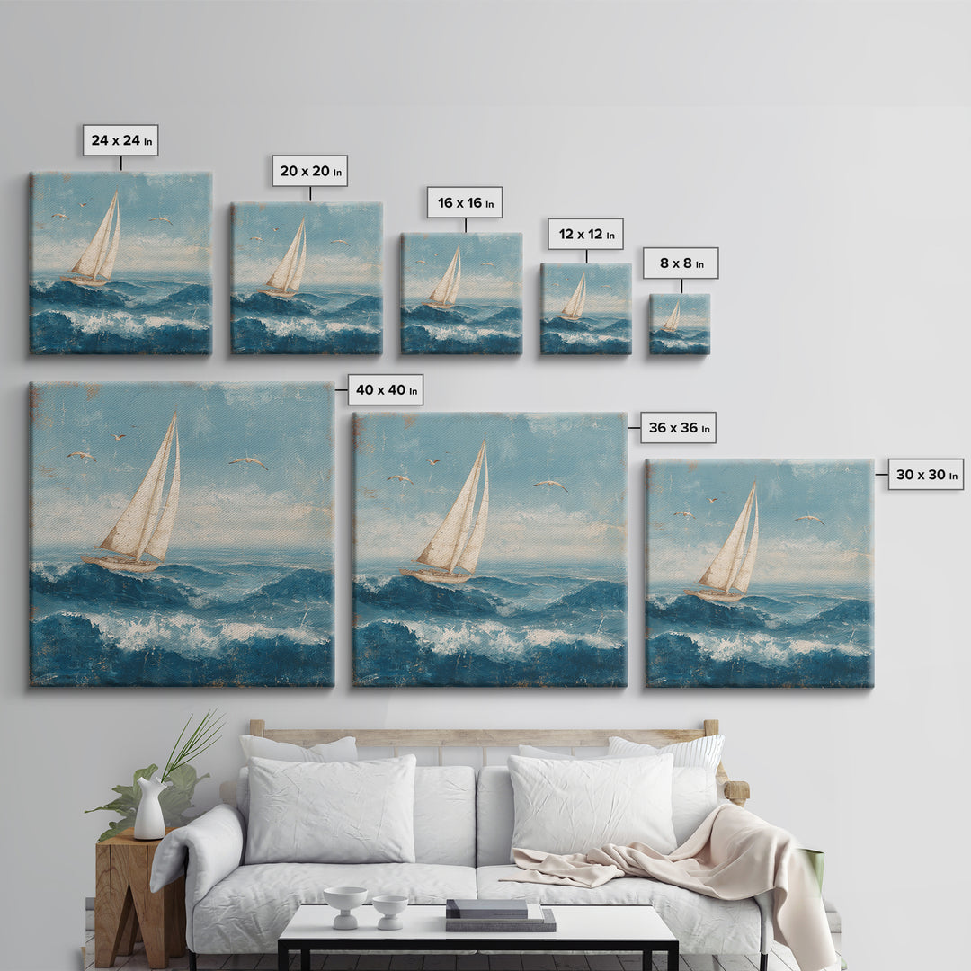 Sailboat Leaning into Wind on Blue Water Canvas Print, Nautical Art, Room Decor, Coastal Decor, Fine Art, Harbor, Printable, NAU-1x1-49