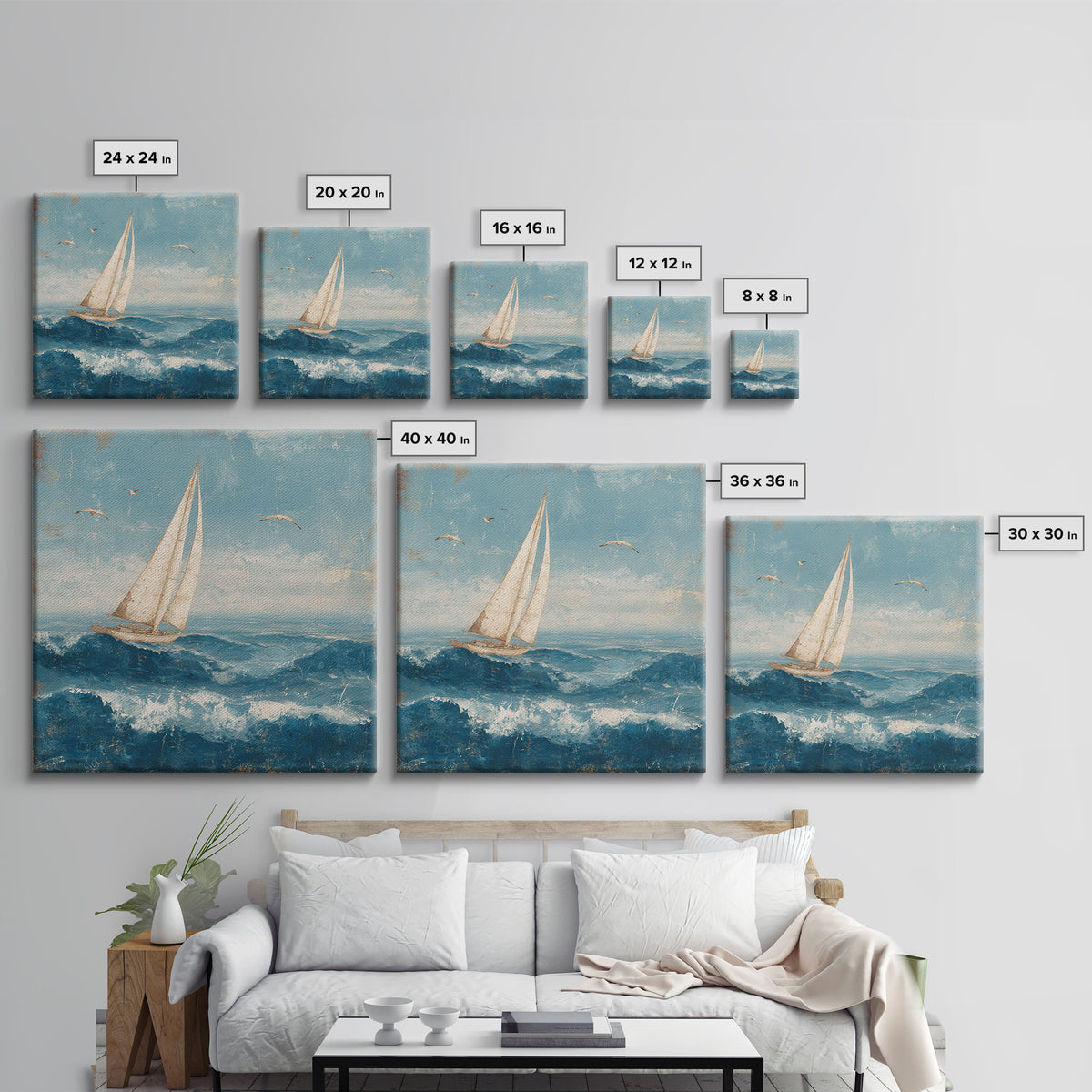 Sailboat Leaning into Wind on Blue Water Canvas Print, Nautical Art, Room Decor, Coastal Decor, Fine Art, Harbor, Printable, NAU-1x1-49