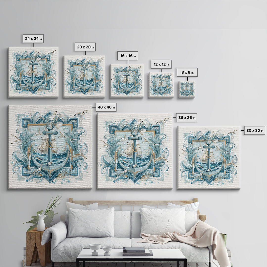 Anchor and Laurel Nautical Crest Without Text Framed Canvas Print, Nautical Art, Textured Painting, Coastal Decor, Harbor, NAU-1x1-53