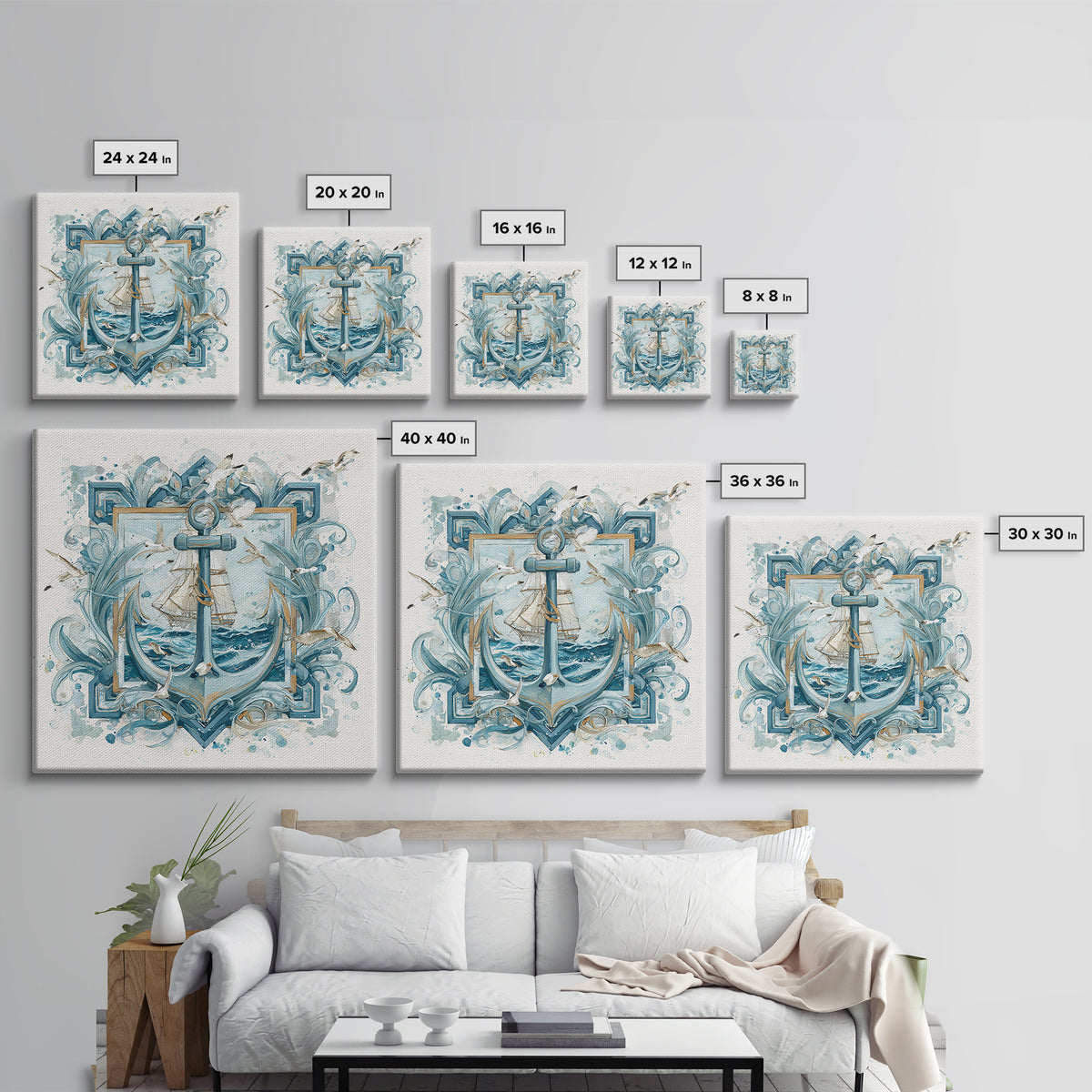 Anchor and Laurel Nautical Crest Without Text Framed Canvas Print, Nautical Art, Textured Painting, Coastal Decor, Harbor, NAU-1x1-53
