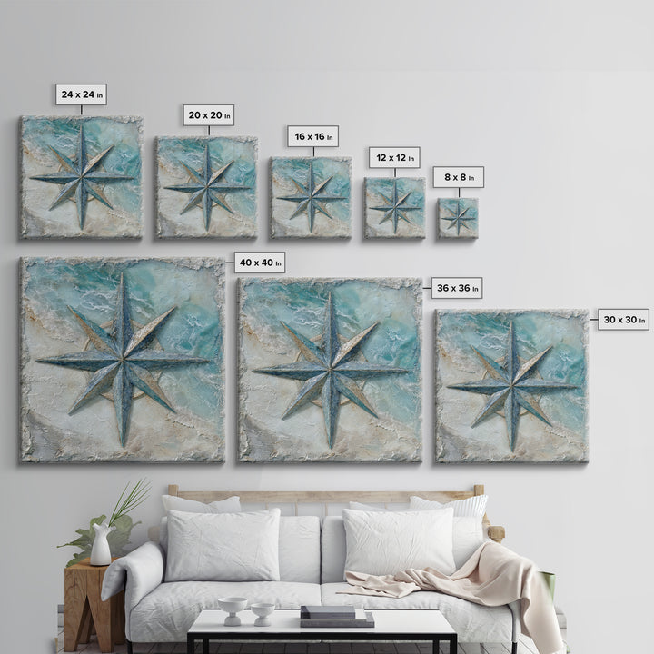 Nautical Star Compass Rose Framed Canvas Print, Nautical Art, Gallery Decor, Coastal Decor, Fine Art, Harbor, Wall Art, NAU-1x1-62