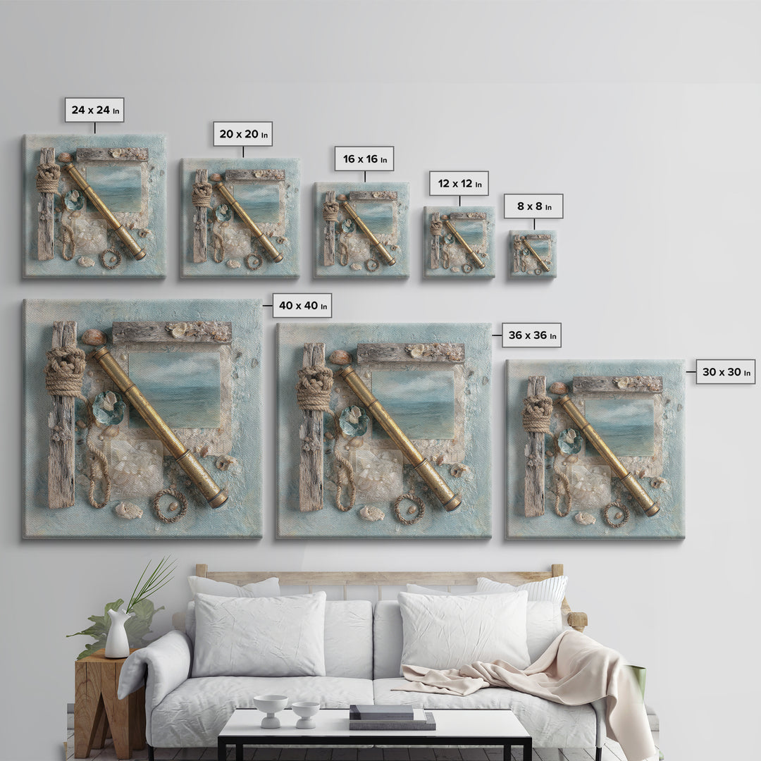 Brass Telescope and Old Map Still Life Framed Canvas Print, Nautical Art, Statement Artwork, Coastal Decor, Fine Art, Harbor, NAU-1x1-78