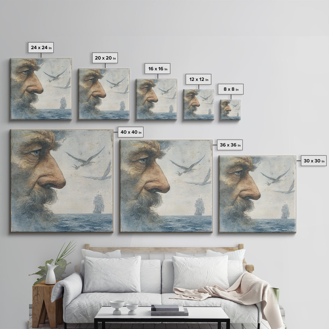 Sea Captain Portrait Framed Canvas Print, Nautical Art, Boho Decor, Coastal Decor, Fine Art, Harbor, Painting, Art Print, NAU-1x1-79