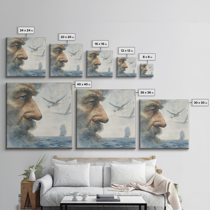 Sea Captain Portrait Framed Canvas Print, Nautical Art, Boho Decor, Coastal Decor, Fine Art, Harbor, Painting, Art Print, NAU-1x1-79