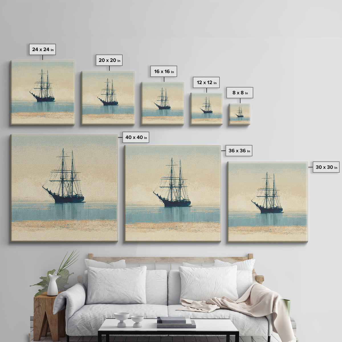 Tall Ship Silhouette at Sunset Framed Canvas Print, Nautical Art, Printable, Coastal Decor, Fine Art, Harbor, Beach Decor, NAU-1x1-8