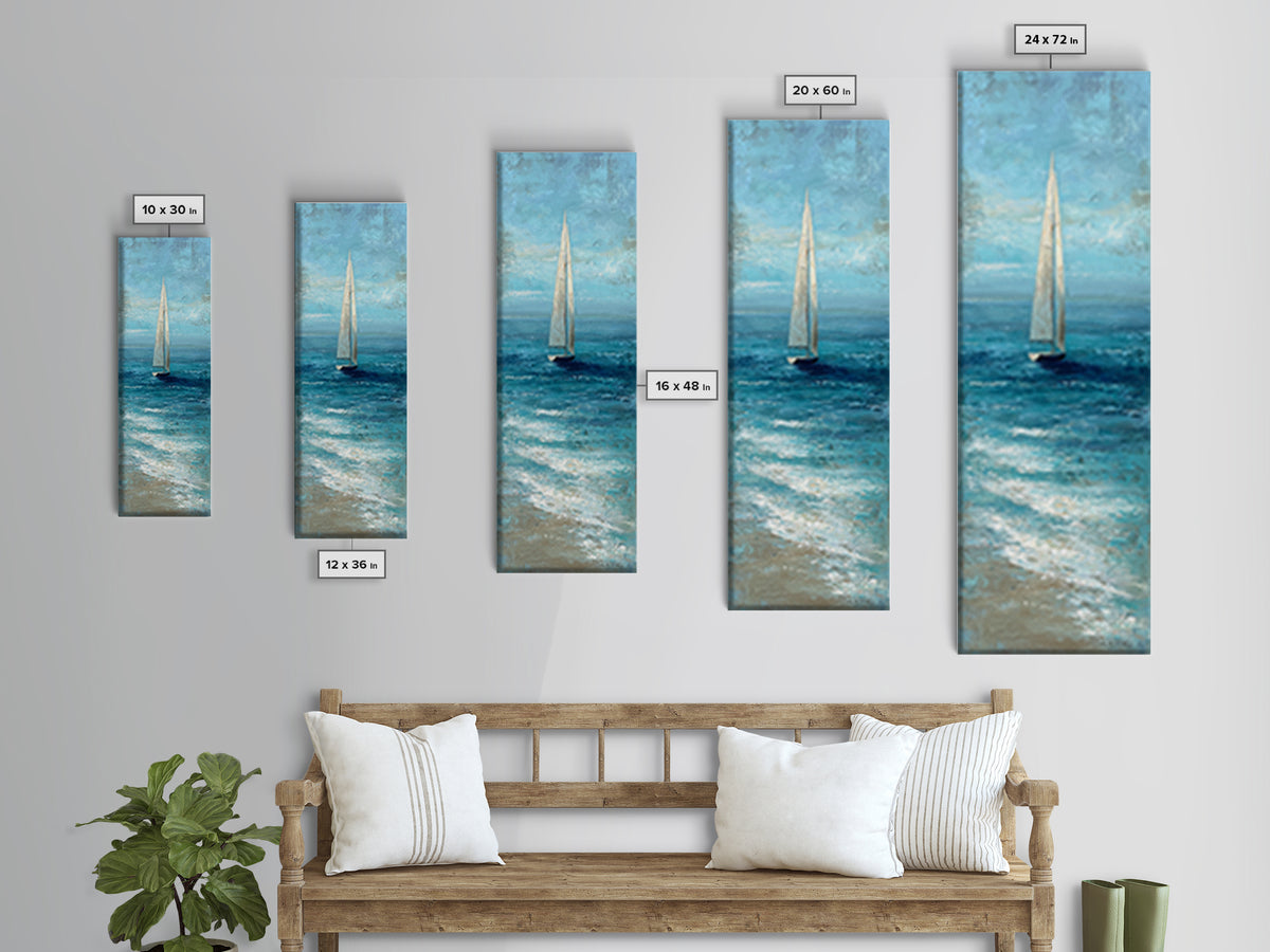 Sailboat Leaning into Wind on Blue Water Canvas Print, Nautical Art, Minimalist Decor, Coastal Decor, Fine Art, Harbor, NAU-1x3-13